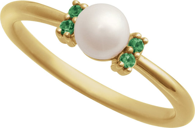 14K Gold Cultured White Freshwater Pearl & Natural Tsavorite Garnet Accented Pearl Ring - Yellow Gold - view 4