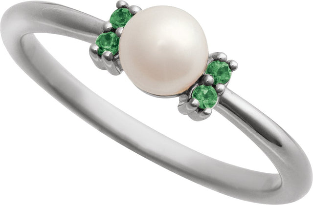 14K Gold Cultured White Freshwater Pearl & Natural Tsavorite Garnet Accented Pearl Ring - White Gold - view 4