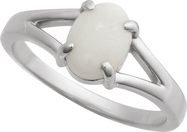 14K Gold Round Natural White Opal Cabochon Ring – 8x6mm - White Gold - view 4