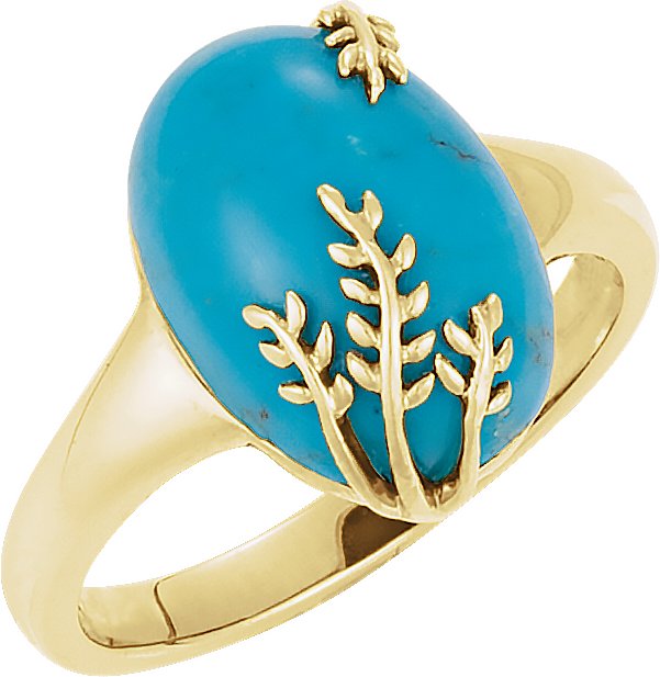 14K Gold Oval Natural Turquoise Leaf Design Ring