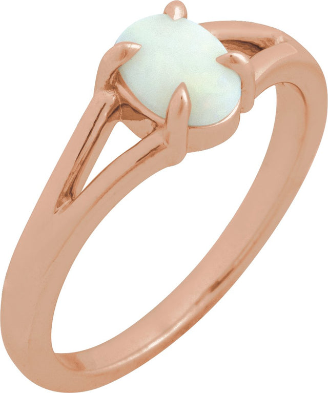 14K Gold Round Natural White Opal Cabochon Ring – 8x6mm - Rose Gold