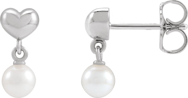 Platinum Cultured White Freshwater Pearl Pearl Heart Earrings