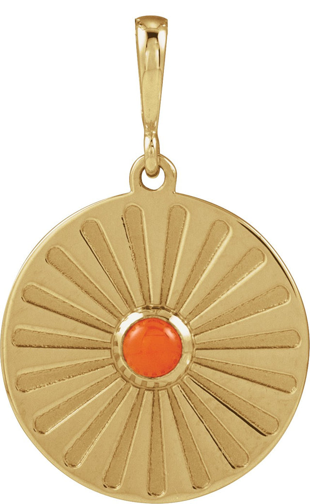 14K Gold Round Natural Pink Coral Starburst Cabochon Necklace or Pendant - Yellow Gold