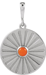 14K Gold Round Natural Pink Coral Starburst Cabochon Necklace or Pendant - White Gold
