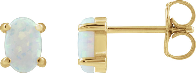 14K Gold Lab-Grown White Opal Oval 4-Prong Cabochon Earrings - Yellow Gold