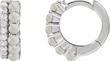 14K Gold Round Natural White Opal & Natural Diamond Accented Cabochon Hoop Earrings – 2mm Stones - White Gold