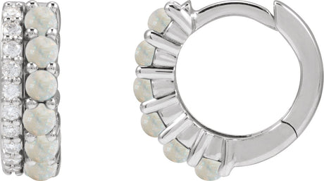14K Gold Round Natural White Opal & Natural Diamond Accented Cabochon Hoop Earrings – 2mm Stones - White Gold