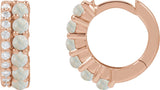 14K Gold Round Natural White Opal & Natural Diamond Accented Cabochon Hoop Earrings – 2mm Stones - Rose Gold