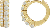 14K Gold Round Natural White Opal & Natural Diamond Accented Cabochon Hoop Earrings – 2mm Stones - Yellow Gold