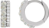 14K Gold Round Natural White Opal & Natural Diamond Accented Cabochon Hoop Earrings – 2mm Stones - White Gold - view 2