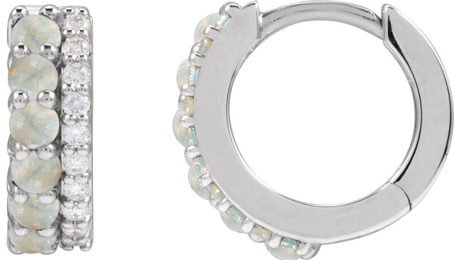 14K Gold Round Natural White Opal & Natural Diamond Accented Cabochon Hoop Earrings – 2mm Stones - White Gold - view 2