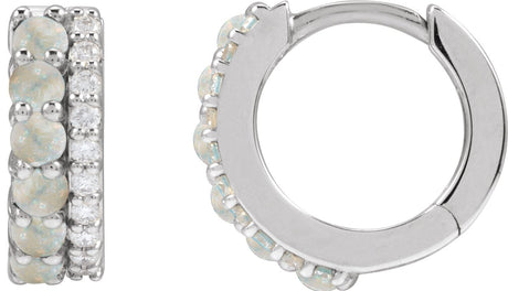 Platinum Round Natural White Opal & Natural Diamond Accented Cabochon Hoop Earrings – 2mm Stones - view 2