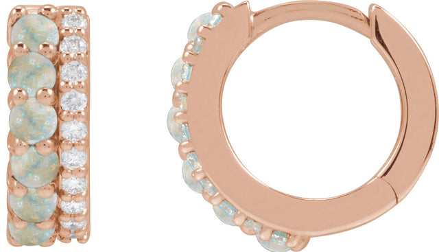 14K Gold Round Natural White Opal & Natural Diamond Accented Cabochon Hoop Earrings – 2mm Stones - Rose Gold - view 2