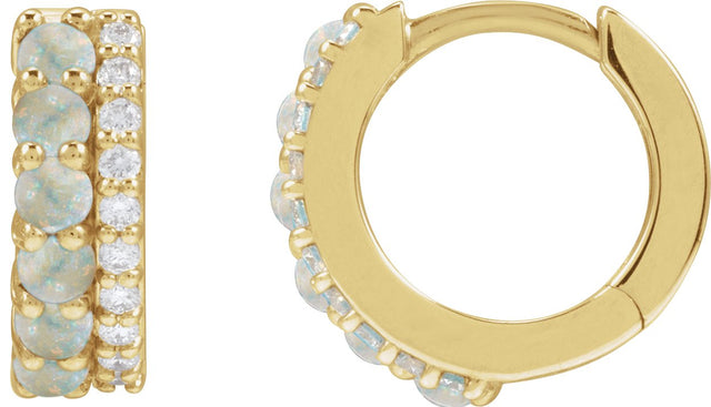 14K Gold Round Natural White Opal & Natural Diamond Accented Cabochon Hoop Earrings – 2mm Stones - Yellow Gold - view 2