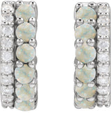 Platinum Round Natural White Opal & Natural Diamond Accented Cabochon Hoop Earrings – 2mm Stones - view 3