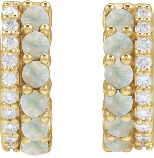 14K Gold Round Natural White Opal & Natural Diamond Accented Cabochon Hoop Earrings – 2mm Stones - Yellow Gold - view 3