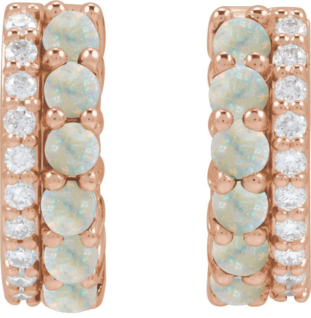 14K Gold Round Natural White Opal & Natural Diamond Accented Cabochon Hoop Earrings – 2mm Stones - Rose Gold - view 3