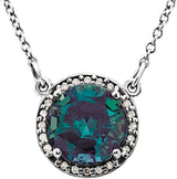 14K Gold Round Lab-Grown Alexandrite & Natural Diamond Halo-Style Necklace - White Gold