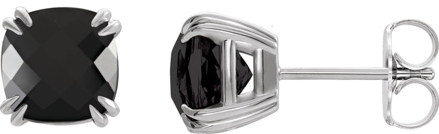 Platinum Natural Onyx Cushion Double Claw-Prong Stud Earrings