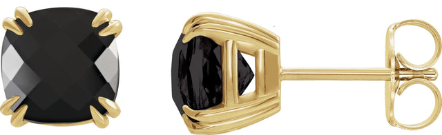 14K Gold Natural Onyx Cushion Double Claw-Prong Stud Earrings - Yellow Gold
