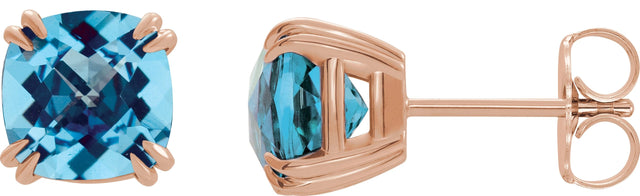 14K Gold Natural Swiss Blue Topaz Cushion Double Claw-Prong Stud Earrings - Rose Gold