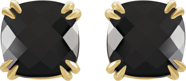 14K Gold Natural Onyx Cushion Double Claw-Prong Stud Earrings - Yellow Gold - view 2