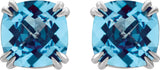 14K Gold Natural Swiss Blue Topaz Cushion Double Claw-Prong Stud Earrings - White Gold - view 2