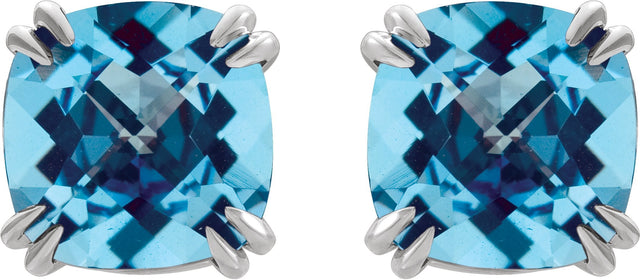 14K Gold Natural Swiss Blue Topaz Cushion Double Claw-Prong Stud Earrings - White Gold - view 2