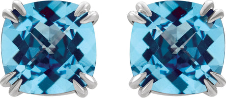 Platinum Natural Swiss Blue Topaz Cushion Double Claw-Prong Stud Earrings - view 2