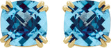 14K Gold Natural Swiss Blue Topaz Cushion Double Claw-Prong Stud Earrings - Yellow Gold - view 2