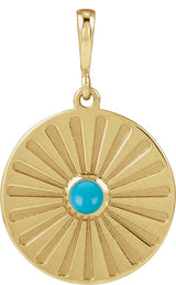 14K Gold Round Natural Turquoise Starburst Cabochon Necklace or Pendant - Yellow Gold