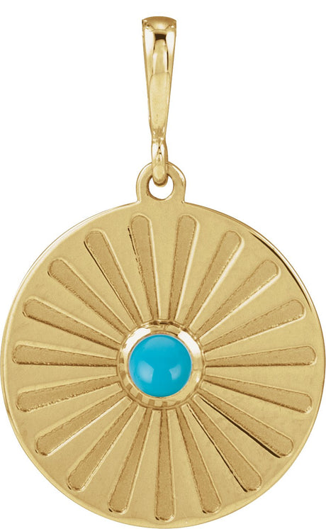 14K Gold Round Natural Turquoise Starburst Cabochon Necklace or Pendant - Yellow Gold