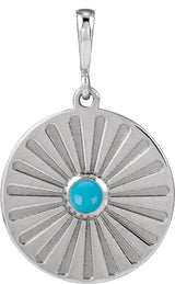 14K Gold Round Natural Turquoise Starburst Cabochon Necklace or Pendant - White Gold