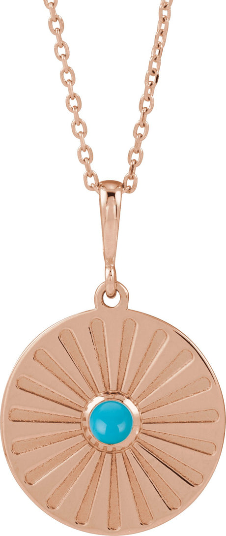 14K Gold Round Natural Turquoise Starburst Cabochon Necklace or Pendant - Rose Gold