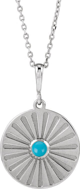 14K Gold Round Natural Turquoise Starburst Cabochon Necklace or Pendant - White Gold