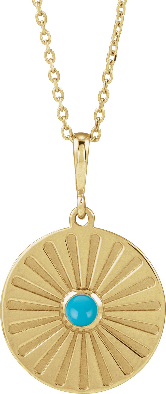 14K Gold Round Natural Turquoise Starburst Cabochon Necklace or Pendant - Yellow Gold