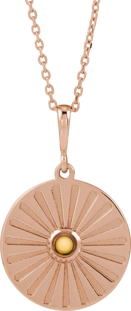14K Gold Round Natural Citrine Starburst Cabochon Necklace or Pendant - Rose Gold
