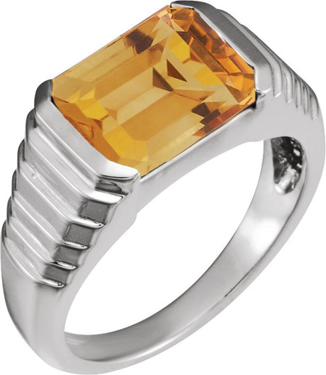 Platinum Natural Citrine Emerald Bezel-Set Ring