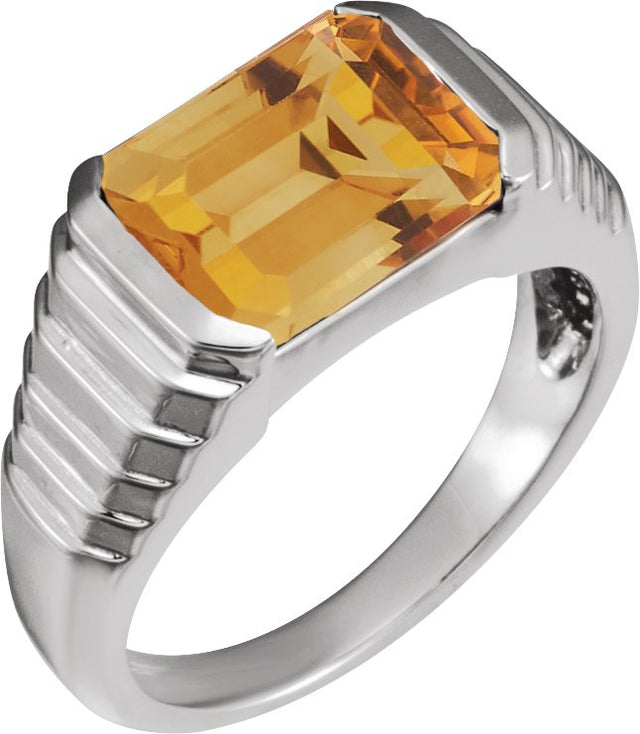 14K Gold Natural Citrine Emerald Bezel-Set Ring - White Gold
