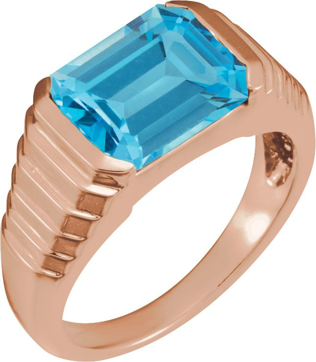 14K Gold Natural Swiss Blue Topaz Emerald Bezel-Set Ring - Rose Gold
