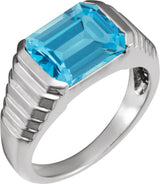 Platinum Natural Swiss Blue Topaz Emerald Bezel-Set Ring