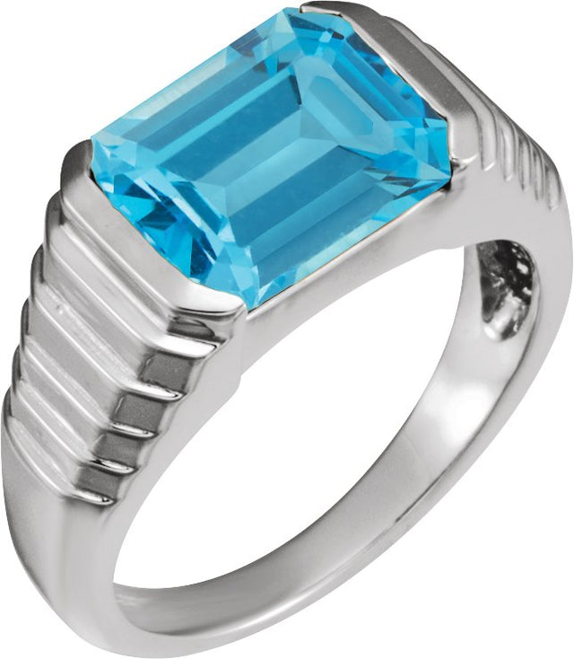 14K Gold Natural Swiss Blue Topaz Emerald Bezel-Set Ring - White Gold