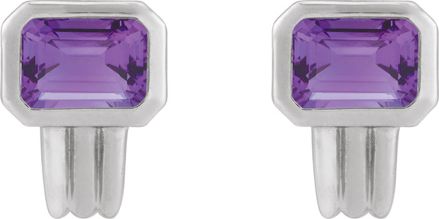 14K Gold Natural Amethyst Emerald Bezel-Set Earrings - White Gold - view 2