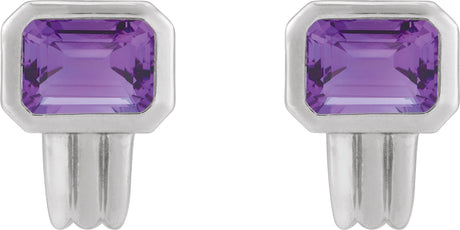 Platinum Natural Amethyst Emerald Bezel-Set Earrings - view 2