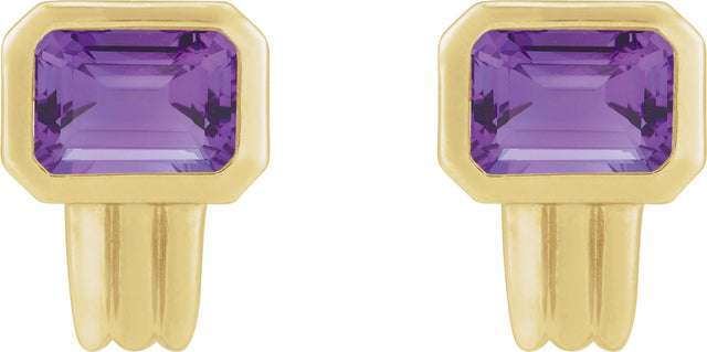 14K Gold Natural Amethyst Emerald Bezel-Set Earrings - Yellow Gold - view 2