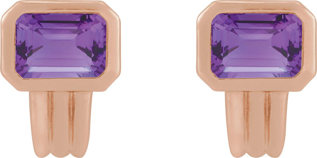 14K Gold Natural Amethyst Emerald Bezel-Set Earrings - Rose Gold - view 2