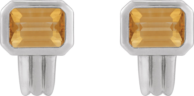 14K Gold Natural Citrine Emerald Bezel-Set Earrings - White Gold - view 2