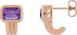 14K Gold Natural Amethyst Emerald Bezel-Set Earrings - Rose Gold
