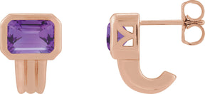 14K Gold Natural Amethyst Emerald Bezel-Set Earrings - Rose Gold