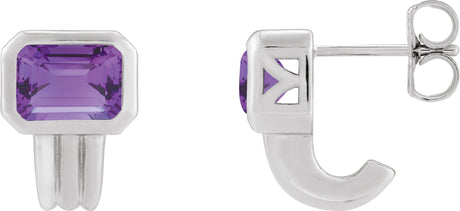 Platinum Natural Amethyst Emerald Bezel-Set Earrings